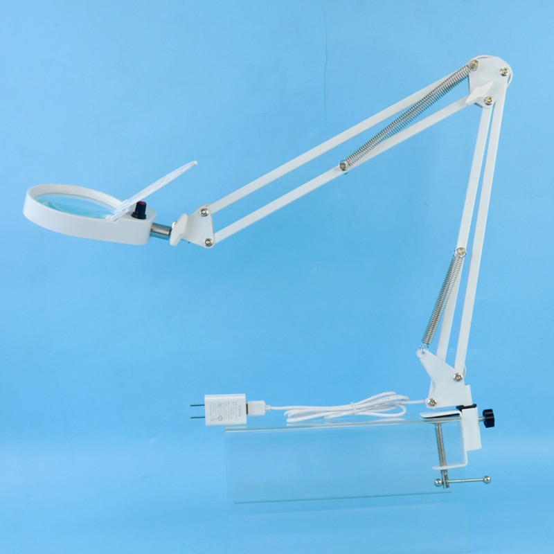 PDOK白色美式悬臂支架夹式带灯放大镜PD43598十倍
